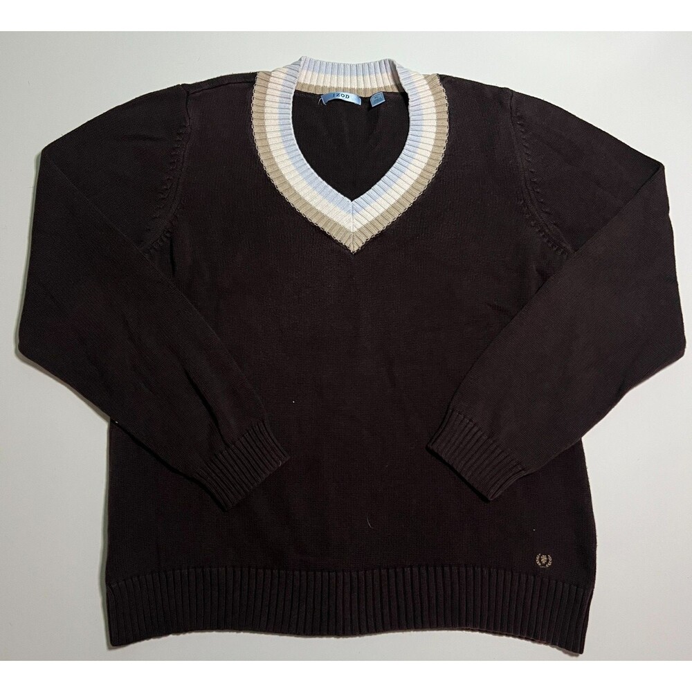 IZOD Cricket V-Neck Sweater Mens XL Brown Striped Collar Cotton Knit Preppy